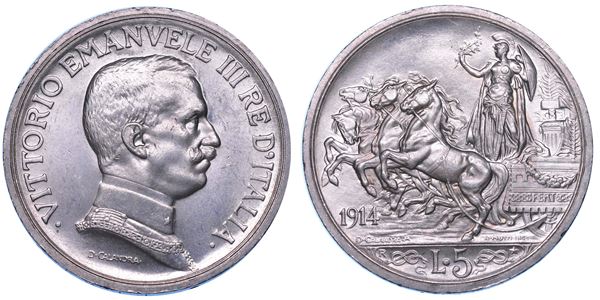 REGNO D'ITALIA. VITTORIO EMANUELE III DI SAVOIA, 1900-1946.  5 Lire 1914. Quadriga briosa.
