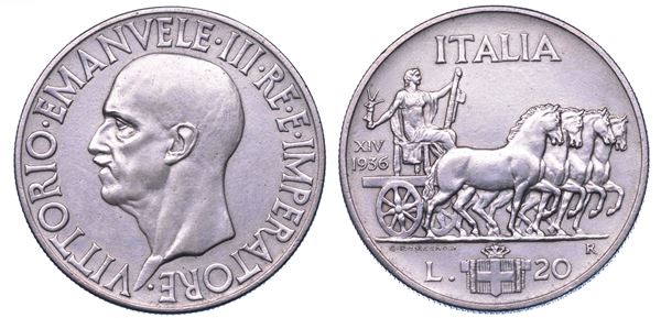 REGNO D'ITALIA. VITTORIO EMANUELE III DI SAVOIA, 1900-1946. 20 Lire 1936/A. XIV. Impero.