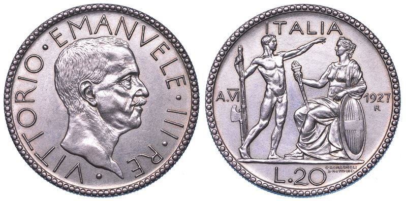 REGNO D'ITALIA. VITTORIO EMANUELE III DI SAVOIA, 1900-1946. 20 Lire 1927/A. VI. Littore.  - Auction Numismatics - Cambi Casa d'Aste