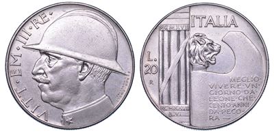 Vittorio Emanuele III di Savoia, 20 Lire 1928/A, Elmetto