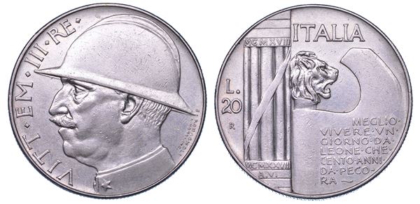 REGNO D'ITALIA. VITTORIO EMANUELE III DI SAVOIA, 1900-1946. 20 Lire 1928/A. VI. Elmetto.