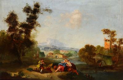 Scuola dell'inizio del XIX secolo, Paesaggio con pastori, olio su tela