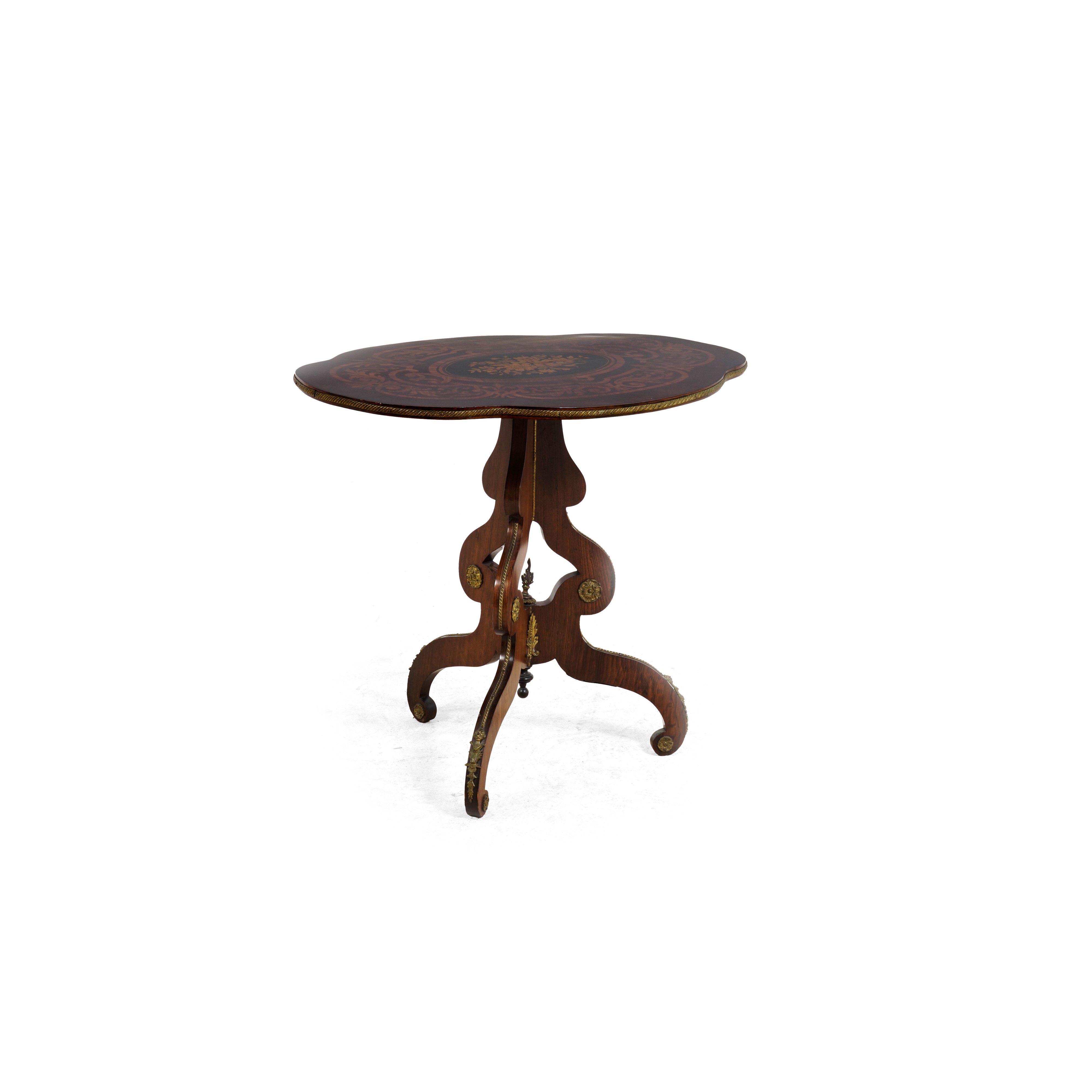Tavolino in legno intarsiato, XIX-XX secolo, Cm 86X64X72