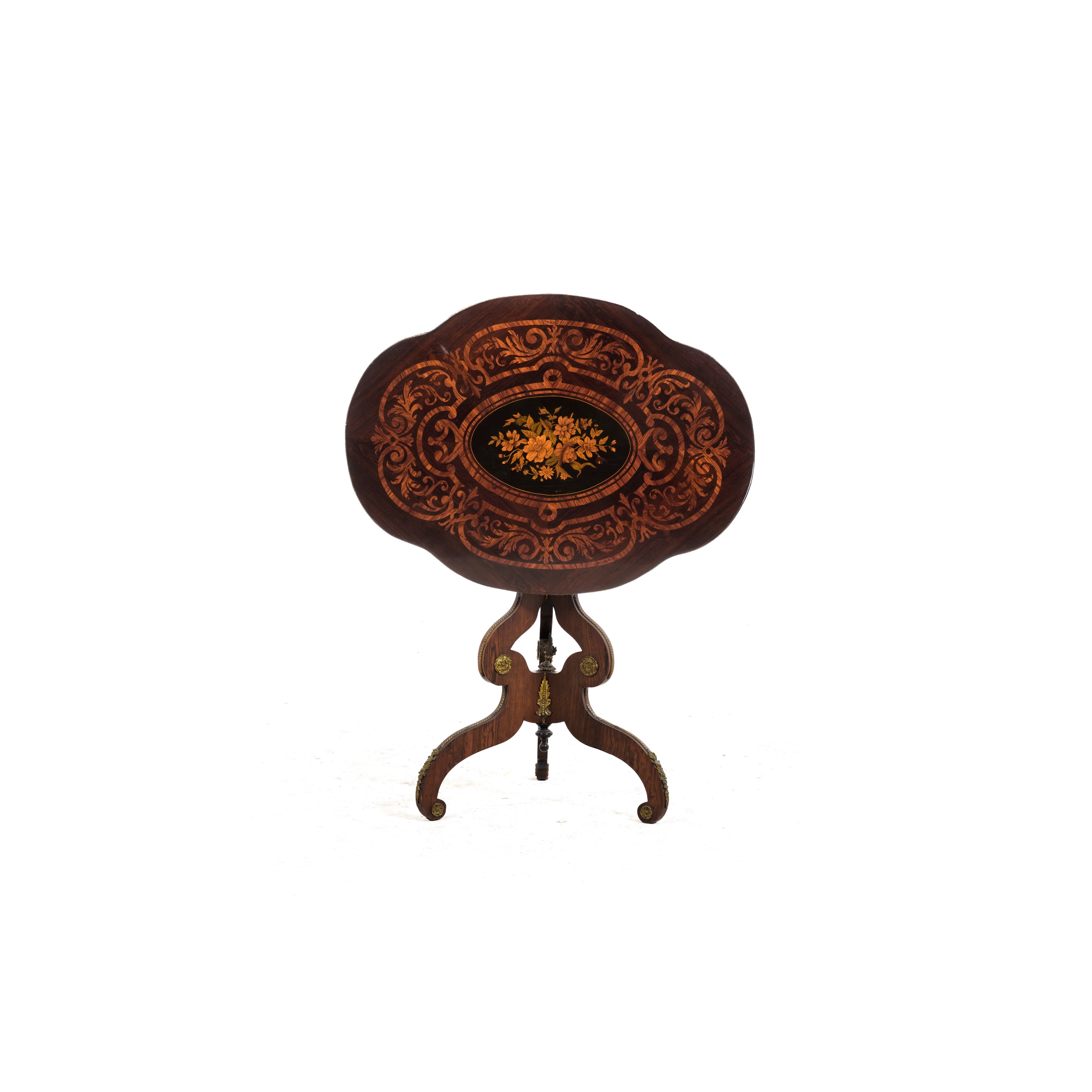 Tavolino in legno intarsiato, XIX-XX secolo, Cm 86X64X72