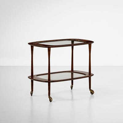 Carrello, struttura in legno con piani in vetro, Italia, circa 1960