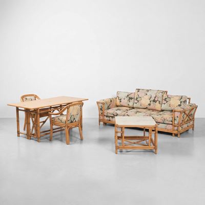 Set da giardino in bambù e vimini con rivestimento tessile (stile art déco), circa 1980