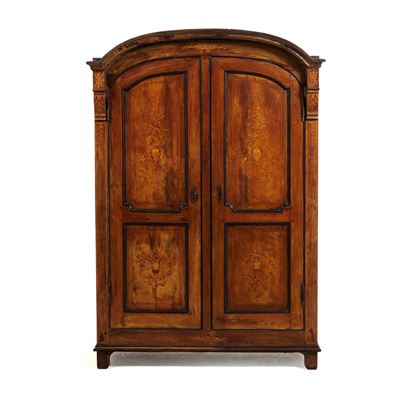 Armadio a due ante intarsiato, XVIII-XIX secolo, dimensioni cm 160x52x219