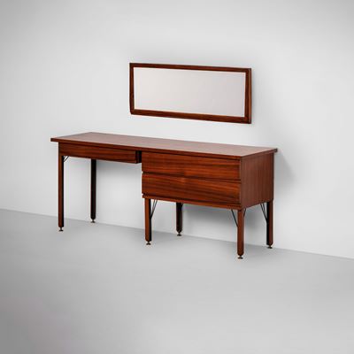Mobile contenitore con specchiera, legno, ottone, metallo laccato, circa 1960