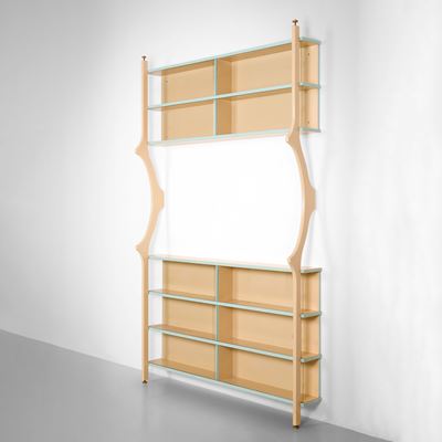 Libreria Cielo Terra, legno laccato con ante scorrevoli in cristallo molato e particolari in otto...