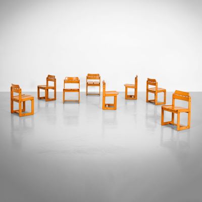 Otto sedie mod. 820 in legno e ottone