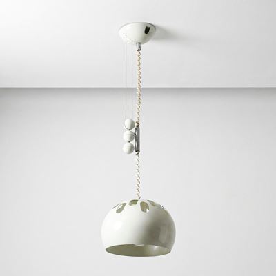 Lampada a sospensione saliscendi mod. S445, metallo cromato e traforato, Italia, circa 1970