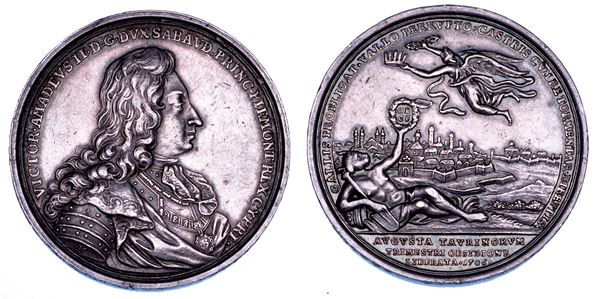 DUCATO DI SAVOIA. VITTORIO AMEDEO II DI SAVOIA, 1675-1730. Medaglia in argento 1706. Liberazione di Torino dall'assedio francese.