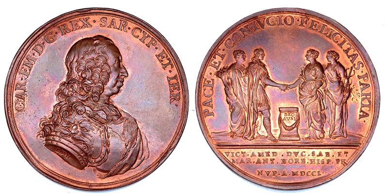 REGNO DI SARDEGNA. CARLO EMANUELE III DI SAVOIA, 1730-1773. Medaglia in bronzo 1750. Ricordo del matrimonio tra il figlio di Carlo Emanuele, Vittorio Amedeo III, e Maria Antonia Borbone, figlia di Filippo V.  - Auction Numismatics - Cambi Casa d'Aste