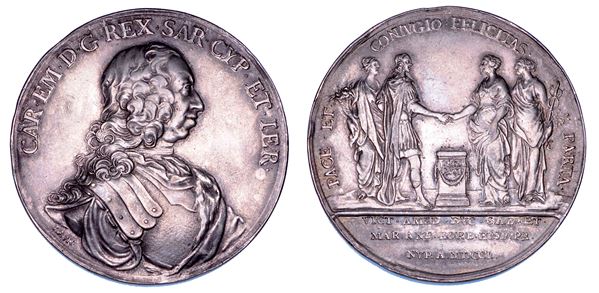 REGNO DI SARDEGNA. CARLO EMANUELE III DI SAVOIA, 1730-1773. Medaglia in argento 1750. Ricordo del matrimonio tra il figlio di Carlo Emanuele, Vittorio Amedeo III, e Maria Antonia Borbone, figlia di Filippo V.