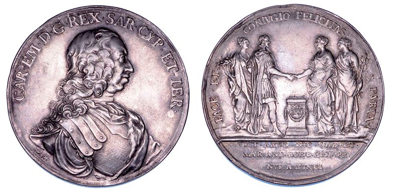 REGNO DI SARDEGNA. CARLO EMANUELE III DI SAVOIA, 1730-1773. Medaglia in argento 1750. Ricordo del matrimonio tra il figlio di Carlo Emanuele, Vittorio Amedeo III, e Maria Antonia Borbone, figlia di Filippo V.  - Auction Numismatics - Cambi Casa d'Aste