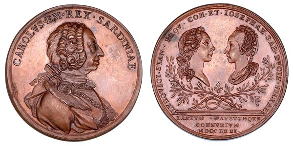 REGNO DI SARDEGNA. CARLO EMANUELE III DI SAVOIA, 1730-1773. Medaglia in bronzo 1771. Ricordo delle nozze di Maria Giuseppina con Luigi Stanislao.