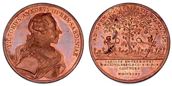 REGNO DI SARDEGNA. VITTORIO AMEDEO III DI SAVOIA, 1773-1796. Medaglia in bronzo 1775. Per le Nozze di Carlo Emanuele e Maria Clotilde.