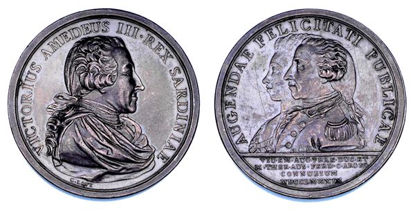 REGNO DI SARDEGNA. VITTORIO AMEDEO III DI SAVOIA, 1773-1796. Medaglia in argento 1789. Celebrativa del matrimonio di Vittorio Emanuele, Duca di Aosta, con Maria Teresa d'Asburgo-Lorena.