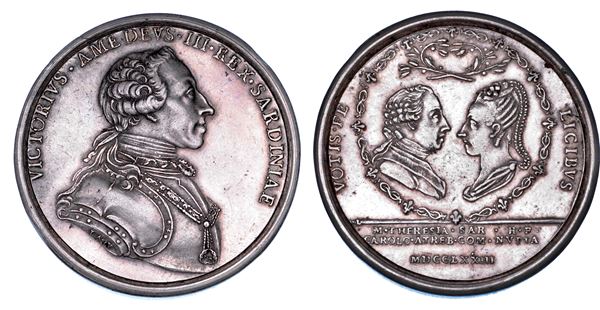 REGNO DI SARDEGNA. VITTORIO AMEDEO III DI SAVOIA, 1773-1796. Medaglia in argento 1773. Celebrativa del matrimonio di Carlo Filippo di Francia con  Maria Teresa di Savoia.