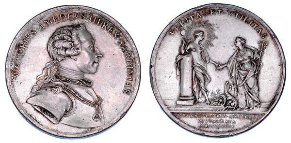 REGNO DI SARDEGNA. VITTORIO AMEDEO III DI SAVOIA, 1773-1796. Medaglia in bronzo argentato 1783. Celebrativa della fondazione della Regia Accademia delle Scienze di Torino.