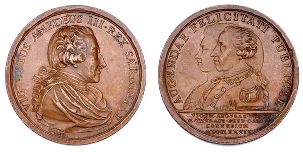 REGNO DI SARDEGNA. VITTORIO AMEDEO III DI SAVOIA, 1773-1796. Medaglia in bronzo 1789. Celebrativa del matrimonio di Vittorio Emanuele, Duca di Aosta, con Maria Teresa d'Asburgo-Lorena.