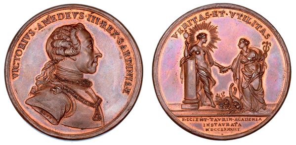 REGNO DI SARDEGNA. VITTORIO AMEDEO III DI SAVOIA, 1773-1796. Medaglia in bronzo 1783. Celebrativa della fondazione della Regia Accademia delle Scienze di Torino.