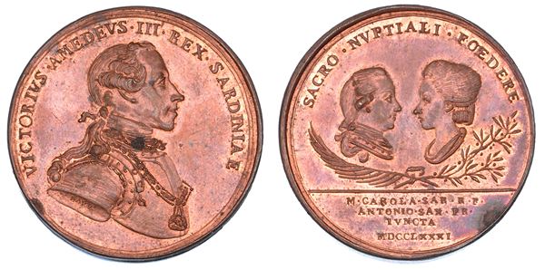REGNO DI SARDEGNA. VITTORIO AMEDEO III DI SAVOIA, 1773-1796. Medaglia in bronzo 1781. Celebrativa del matrimonio di Clemente Antonio di Sassonia a s. e di Maria Carolina di Savoia.