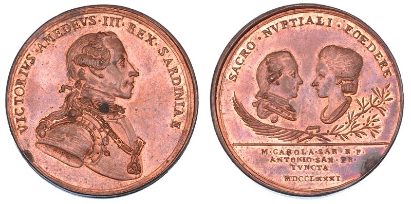 REGNO DI SARDEGNA. VITTORIO AMEDEO III DI SAVOIA, 1773-1796. Medaglia in bronzo 1781. Celebrativa del matrimonio di Clemente Antonio di Sassonia a s. e di Maria Carolina di Savoia.  - Auction Numismatics - Cambi Casa d'Aste
