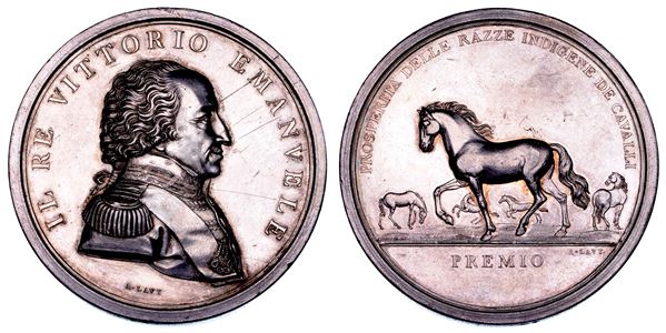 REGNO DI SARDEGNA. VITTORIO EMANUELE I DI SAVOIA, 1802-1821. Medaglia in argento sd (1819/23). Per il miglioramento delle razze equine in Piemonte.