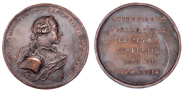 REGNO DI SARDEGNA. VITTORIO AMEDEO III DI SAVOIA, 1773-1796. Medaglia in bronzo s.d. Per l'Accademia di Torino.