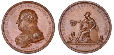 Medaglia in bronzo commemorativa del restauro dell'Accademia delle Belle Arti di Torino, Carlo Fe...