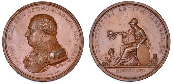 REGNO DI SARDEGNA. CARLO FELICE DI SAVOIA, 1821-1831. Medaglia in bronzo 1823. Per il restauro dell'Accademia delle Belle Arti di Torino.