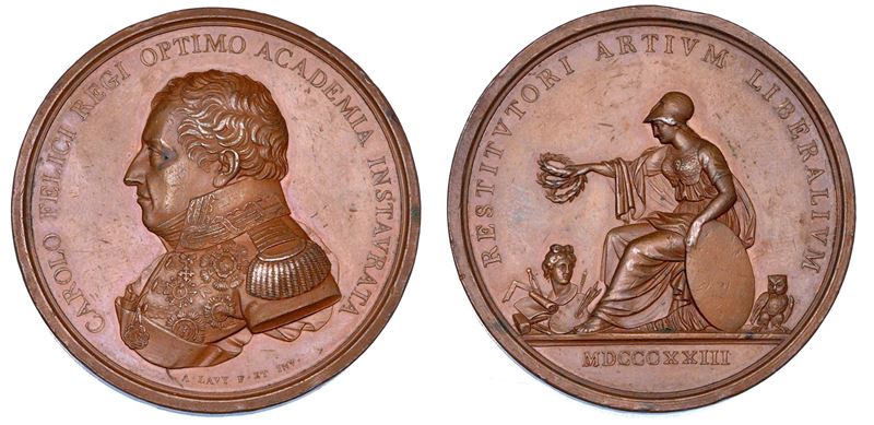 REGNO DI SARDEGNA. CARLO FELICE DI SAVOIA, 1821-1831. Medaglia in bronzo 1823. Per il restauro dell'Accademia delle Belle Arti di Torino.  - Auction Numismatics - Cambi Casa d'Aste
