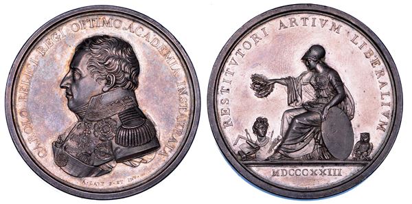REGNO DI SARDEGNA. CARLO FELICE DI SAVOIA, 1821-1831. Medaglia in argento 1823. Per il restauro dell'Accademia delle Belle Arti di Torino.
