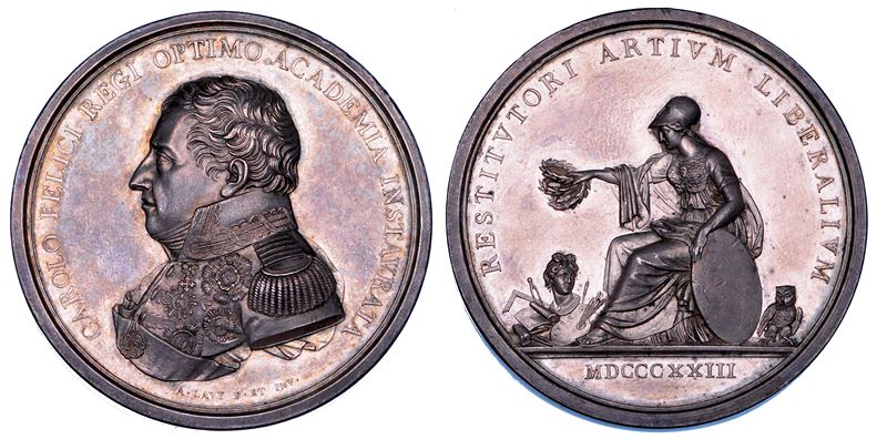 REGNO DI SARDEGNA. CARLO FELICE DI SAVOIA, 1821-1831. Medaglia in argento 1823. Per il restauro dell'Accademia delle Belle Arti di Torino.  - Auction Numismatics - Cambi Casa d'Aste