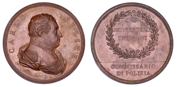 REGNO DI SARDEGNA. CARLO FELICE DI SAVOIA, 1821-1831. Medaglia in bronzo s.d. Per il Ministero degli Interni.