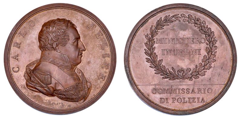 REGNO DI SARDEGNA. CARLO FELICE DI SAVOIA, 1821-1831. Medaglia in bronzo s.d. Per il Ministero degli Interni.  - Auction Numismatics - Cambi Casa d'Aste