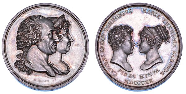 REGNO DI SARDEGNA. VITTORIO EMANUELE I DI SAVOIA, 1802-1821. Medaglia in argento 1820. Per il matrimonio tra Carlo Ludovico di Borbone e Maria Teresa di Savoia.