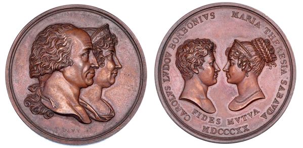 REGNO DI SARDEGNA. VITTORIO EMANUELE I DI SAVOIA, 1802-1821. Medaglia in bronzo 1820. Per il matrimonio tra Carlo Ludovico di Borbone e Maria Teresa di Savoia.