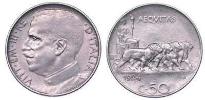 REGNO D'ITALIA, Vittorio Emanuele III di Savoia, 50 Centesimi 1924, nichel, bordo liscio