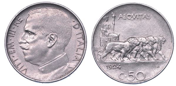 REGNO D'ITALIA. VITTORIO EMANUELE III DI SAVOIA, 1900-1946. 50 Centesimi 1924. Leoni (bordo liscio).