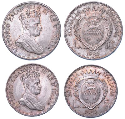 Vittorio Emanuele III di Savoia, 10 Lire 1925 e 5 Lire 1925, Lotto di due monete