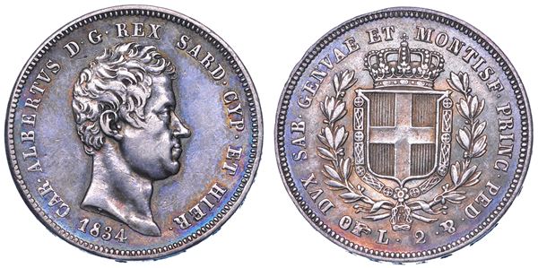 REGNO DI SARDEGNA. CARLO ALBERTO DI SAVOIA, 1831-1849. 2 Lire 1834. Torino.