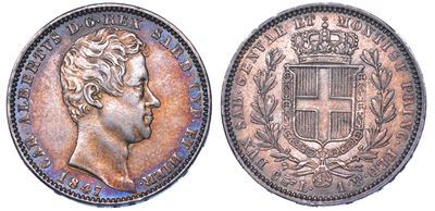 Regno di Sardegna, Carlo Alberto di Savoia, Lira 1847, Torino, Argento