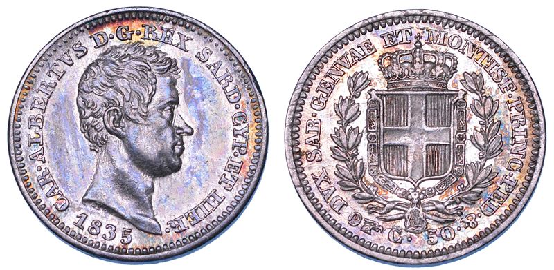 REGNO DI SARDEGNA. CARLO ALBERTO DI SAVOIA, 1831-1849. 50 Centesimi 1835. Torino.  - Auction Numismatics - Cambi Casa d'Aste