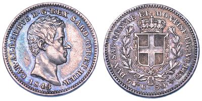 Regno di Sardegna, Carlo Alberto di Savoia, 50 Centesimi 1843, argento