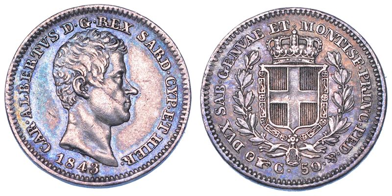 REGNO DI SARDEGNA. CARLO ALBERTO DI SAVOIA, 1831-1849. 50 Centesimi 1843. Torino.  - Asta Numismatica - Cambi Casa d'Aste