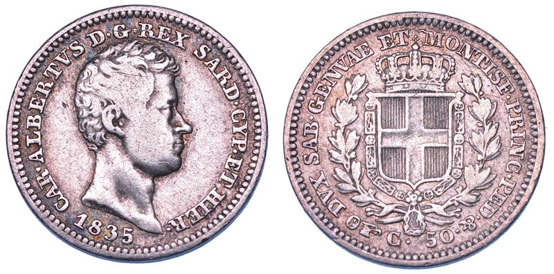 REGNO DI SARDEGNA. CARLO ALBERTO DI SAVOIA, 1831-1849. 50 Centesimi 1835. Torino.  - Auction Numismatics - Cambi Casa d'Aste