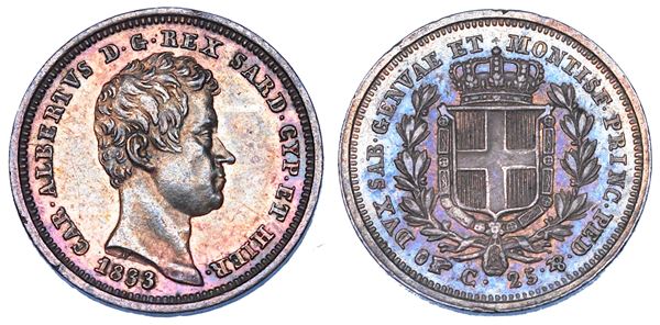 REGNO DI SARDEGNA. CARLO ALBERTO DI SAVOIA, 1831-1849. 25 Centesimi 1833. Torino.