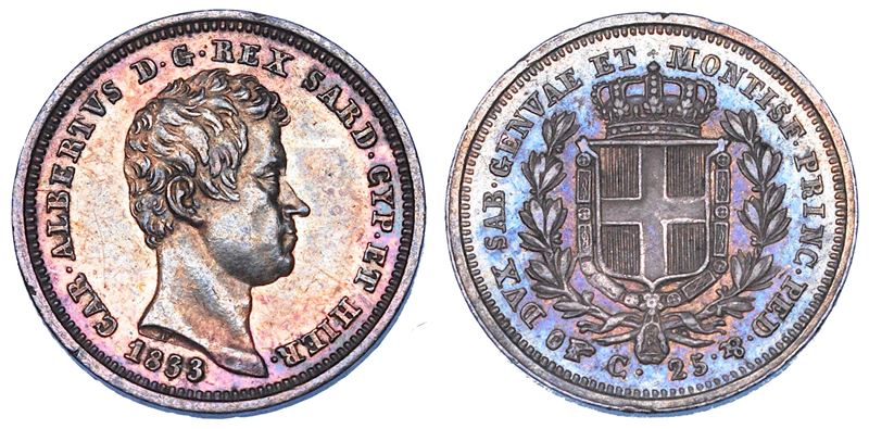 REGNO DI SARDEGNA. CARLO ALBERTO DI SAVOIA, 1831-1849. 25 Centesimi 1833. Torino.  - Auction Numismatics - Cambi Casa d'Aste